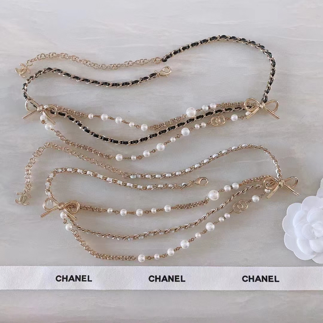 Chanel Women CC Chain Belt Gold Metal Resin Glass Pearls Strass White Calfskin Leather