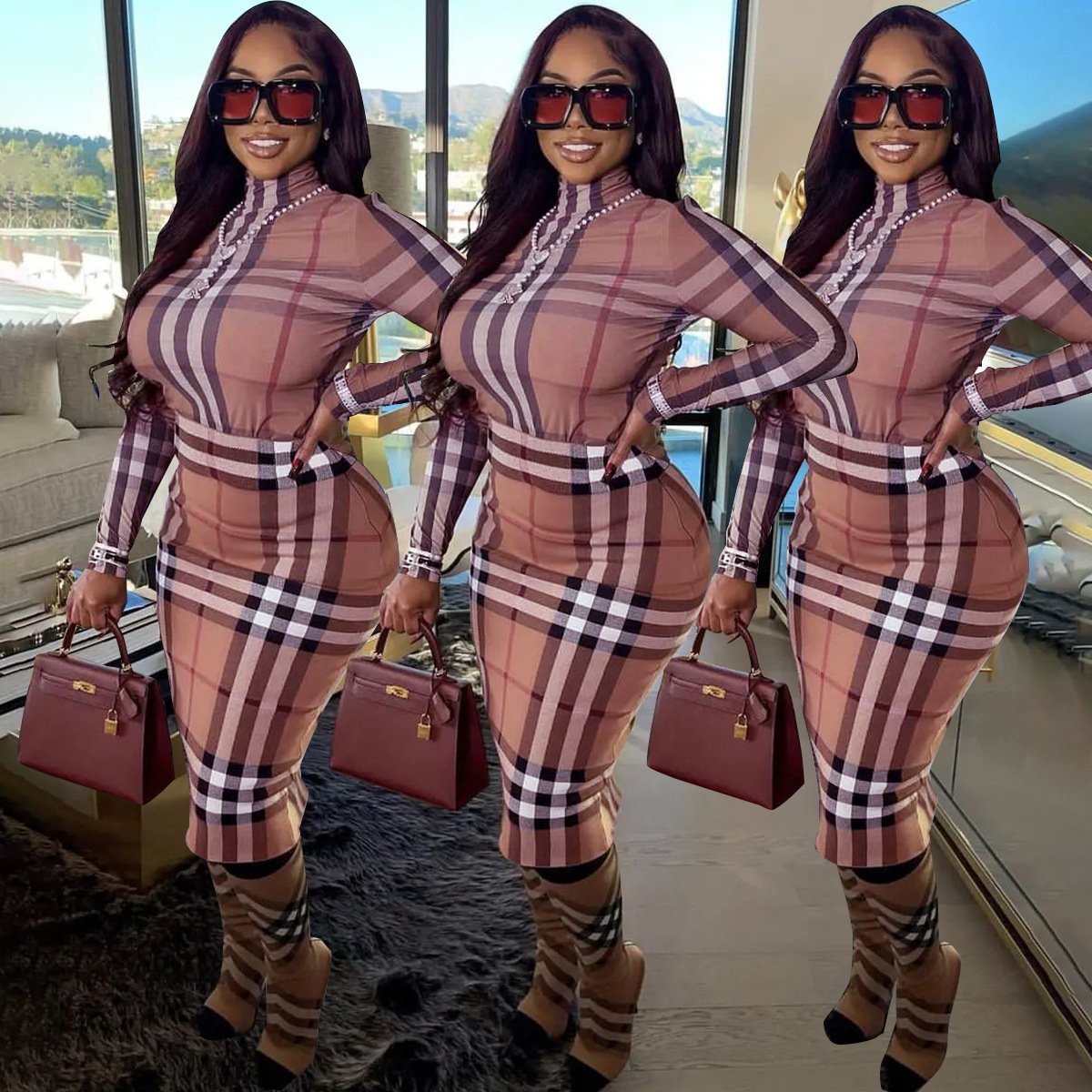 New Tight Fitting Long Sleeved High Neck Zippered Dress 1024010907