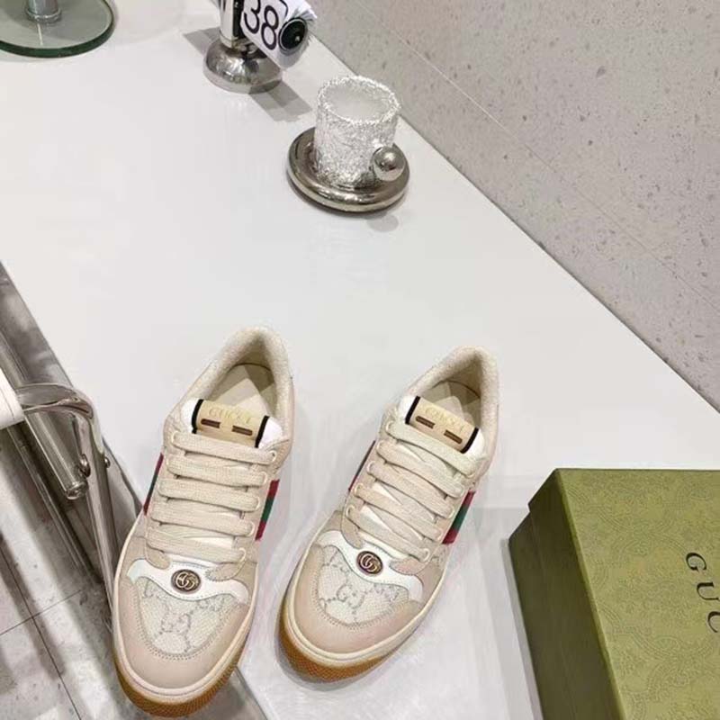 Gucci Unisex Screener Sneaker Pink Green Web Cream Scrap Less Leather