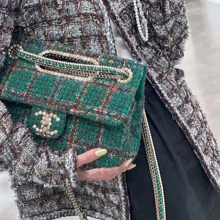 Chanel Women CC Large Flap Bag Top Handle Wool Silk Tweed Glass Wooden Pearls