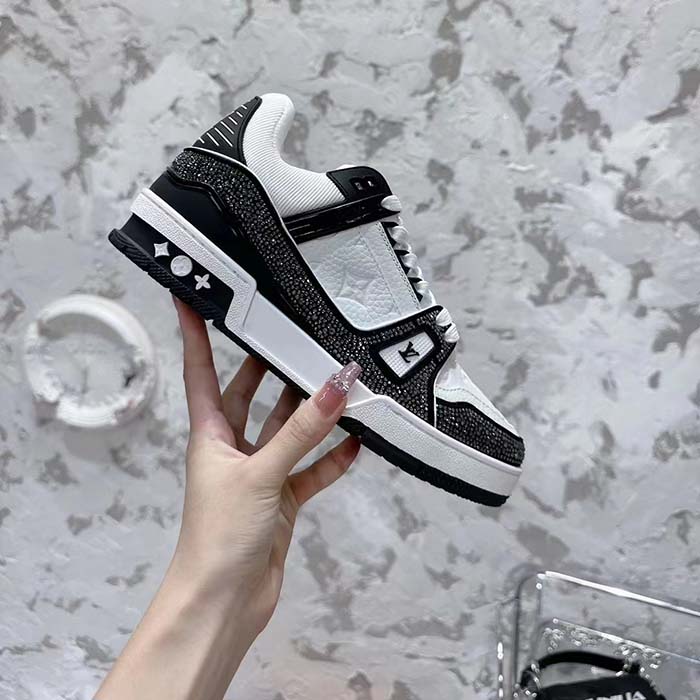 Louis Vuitton LV Unisex LV Trainer Sneaker Black Swarovski™ Crystals Grained Calf Leather