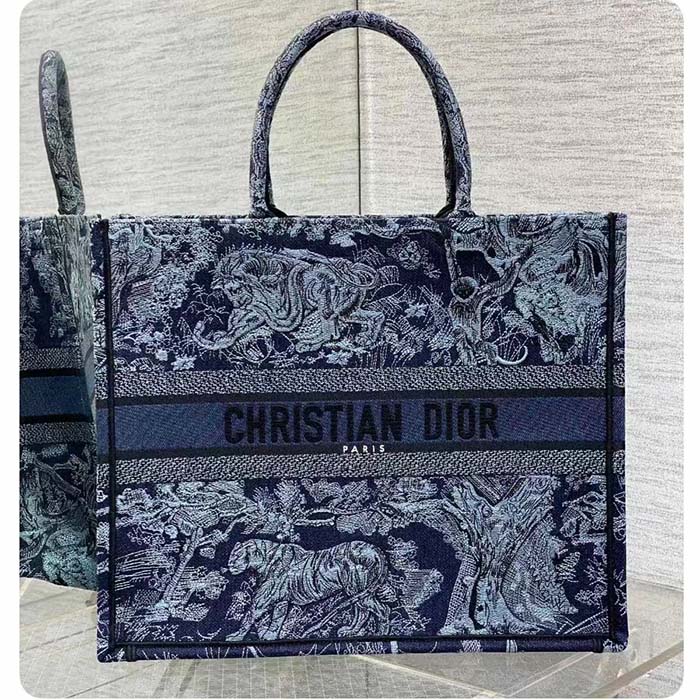 Dior Unisex CD Medium Book Tote Denim Blue Toile De Jouy Embroidery