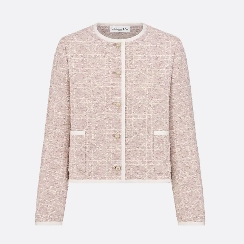 Dior Women Macrocannage Cropped Jacket Peach Blossom Pink Cotton-Blend Tweed