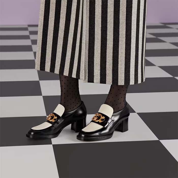 Gucci Women GG Loafer Interlocking G Black White Leather Mid 6 Cm Heel