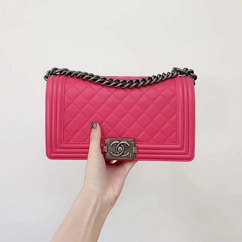 Chanel Women Leboy Flap Bag with Chain in Calfskin Leather-Rose