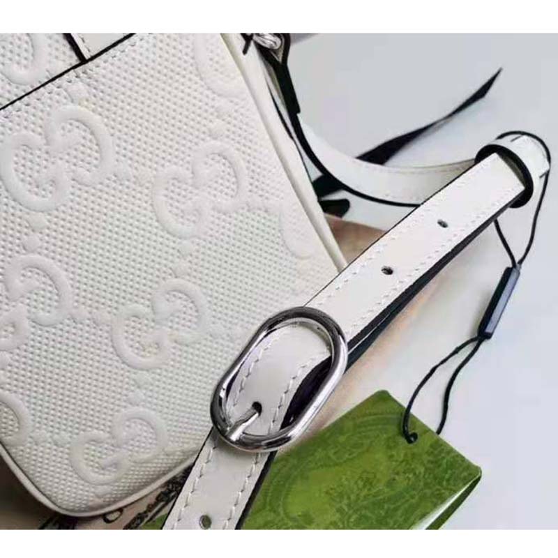 Gucci GG Unisex Embossed Mini Bag White Leather Cotton Linen