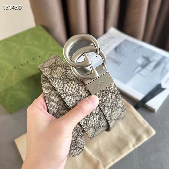Gucci GG Unisex Marmont Reversible Belt Beige Ebony Supreme Canvas 3.8 CM Width