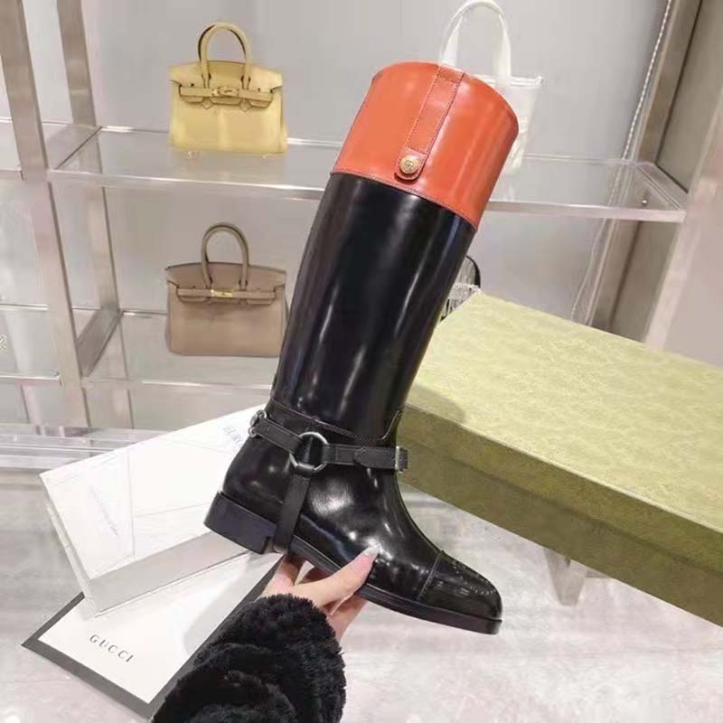 Gucci GG Women Knee-High Boot Harness Black Brown Leather Interlocking G