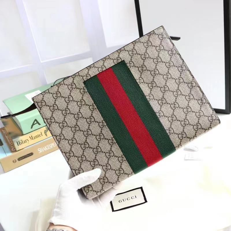 Gucci Unisex GG Supreme Web Pouch GG Supreme Canvas Green Red Web