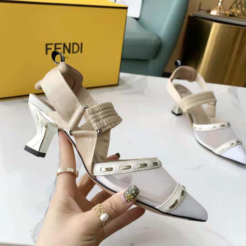 Fendi Women Colibri Pink Mesh High-Heel Slingbacks with Metal Stitches
