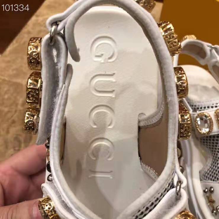 Gucci Women Leather and Mesh Sandal with Crystals 4.6 cm Heel-White