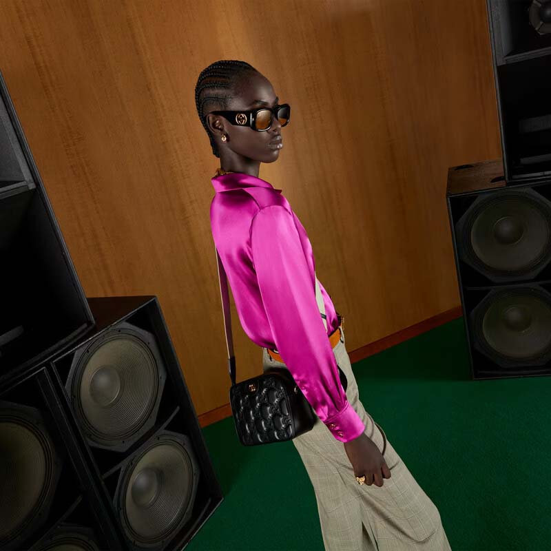 Gucci Women GG Matelassé Leather Shoulder Bag Black Double G