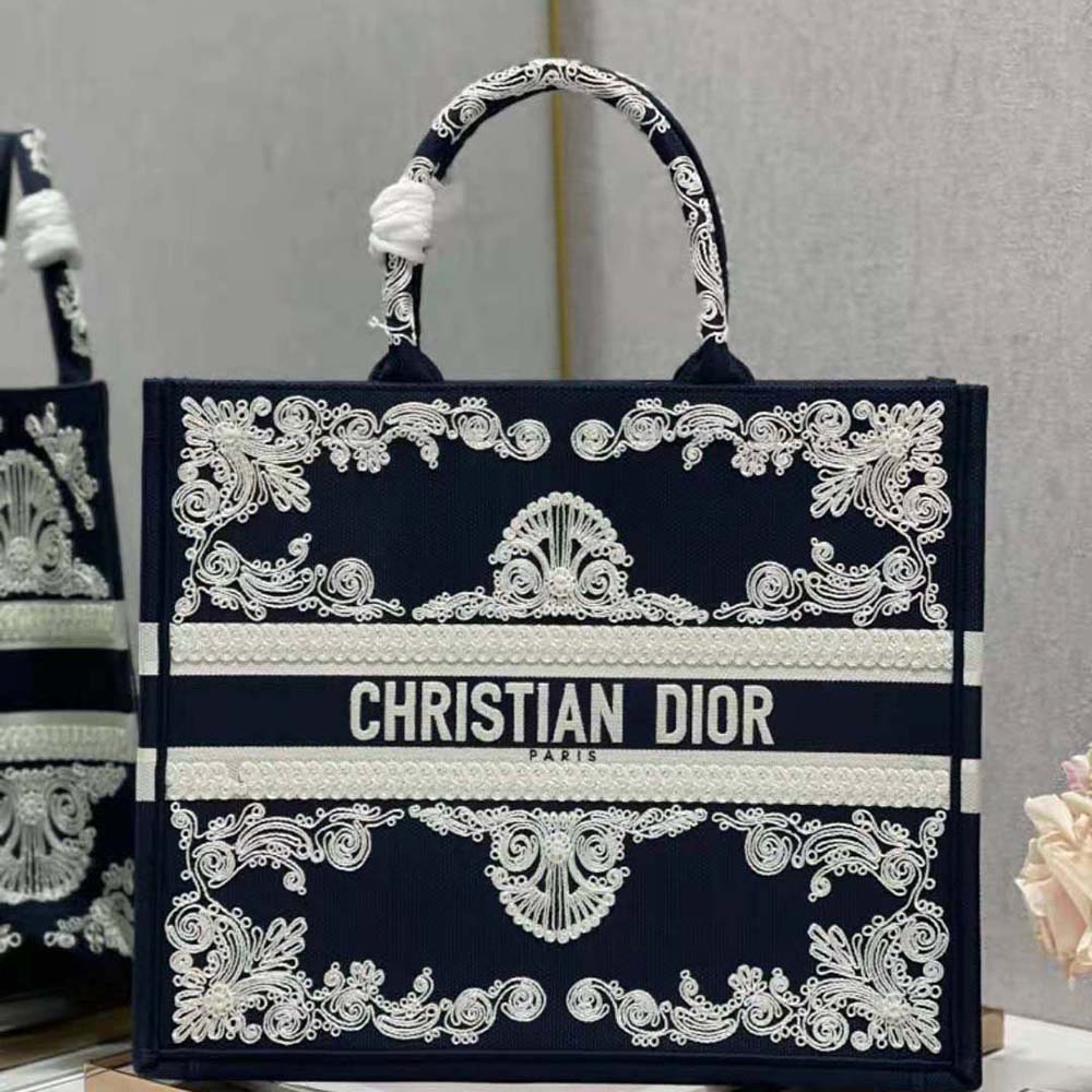 Dior Women Large Dior Book Tote Blue and White Cornely-Effect Embroidery
