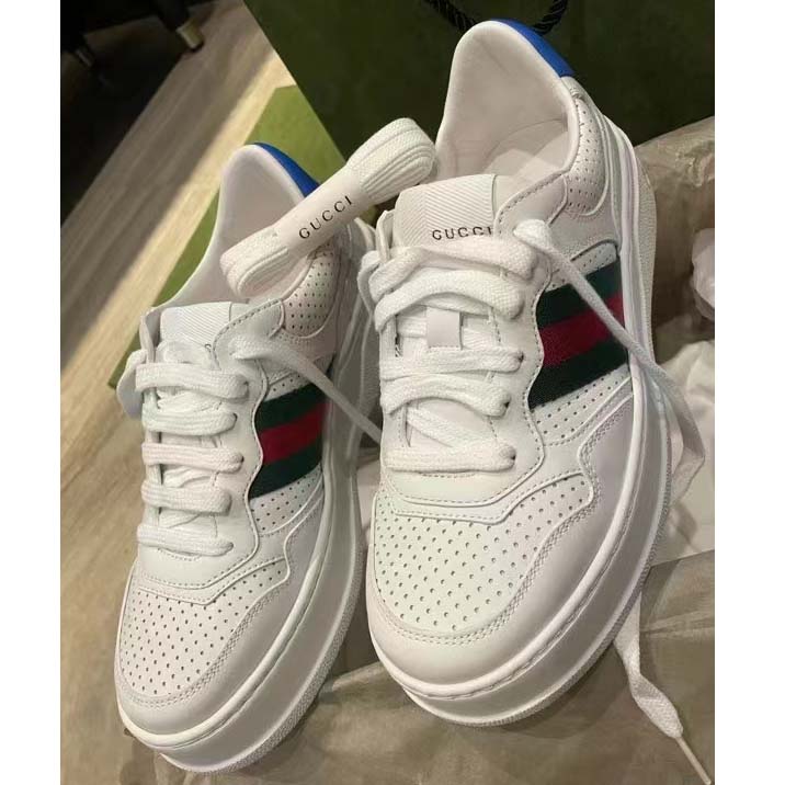 Gucci Unisex Sneaker Web White Leather Green Red Web Lace Up Flat