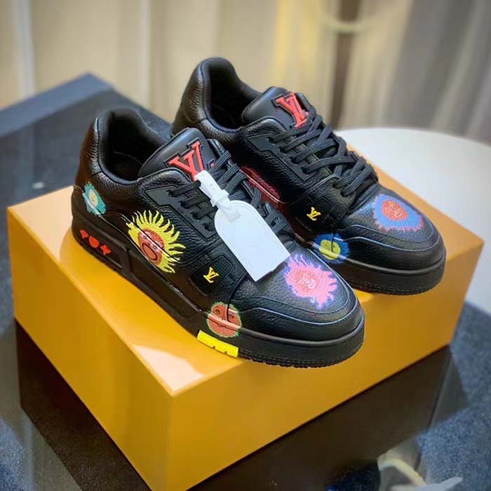 Louis Vuitton Unisex LV x YK LV Trainer Sneaker Black Printed Grained Calf Leather Monogram Flowers