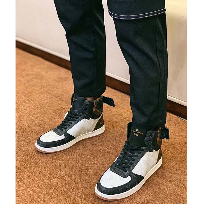 Louis Vuitton LV Unisex Rivoli Sneaker Boot Black Brown Calf Leather Monogram Canvas