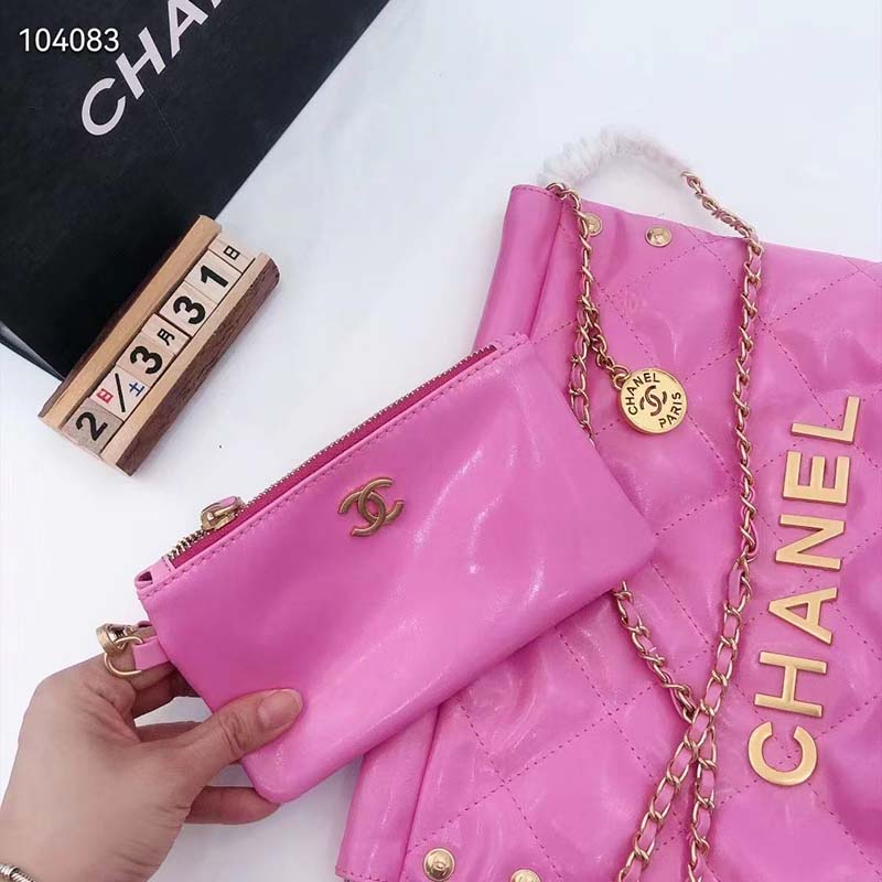 Chanel Women 22 Small Handbag Shiny Calfskin & Gold-Tone Metal Pink