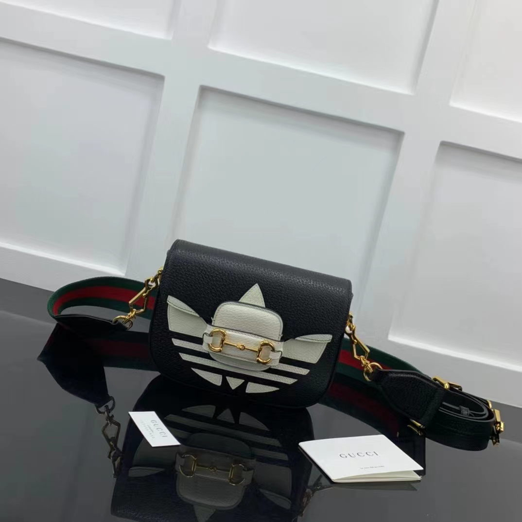 Gucci Unisex GG Adidas x Gucci Horsebit 1955 Mini Bag Black White Leather