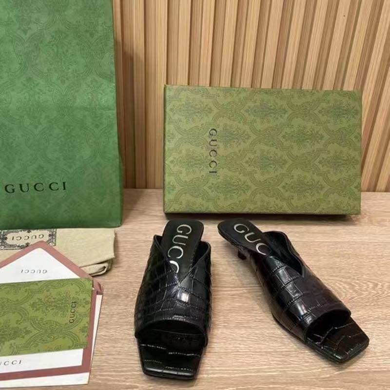 Gucci Women GG Crocodile Print Pump Black Square Toe Mid Heel