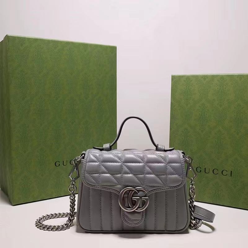 Gucci Women GG Marmont Mini Top Handle Bag Grey Matelassé Leather Double G