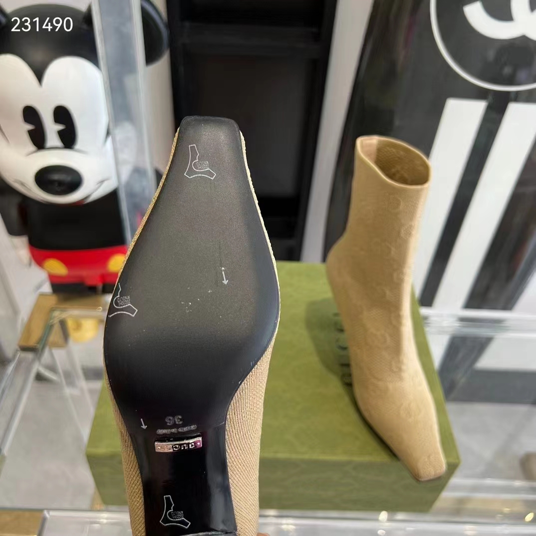 Gucci Women GG Knit Ankle Boots Beige GG Technical Knit Fabric Square Toe Leather Mid-Heel