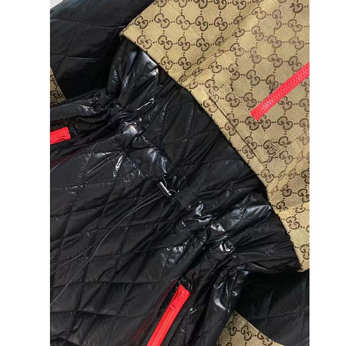 Gucci Women GG Canvas Nylon Zip Jacket Interlocking G Patch High Collar Drawstring Waistband