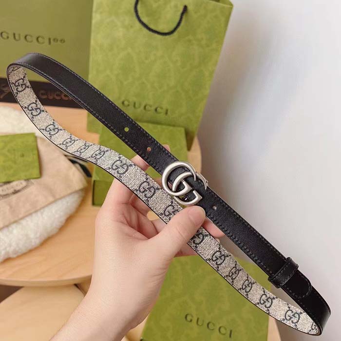 Gucci Unisex GG Marmont Reversible Thin Belt Beige Ebony GG Supreme Canvas Double G Buckle