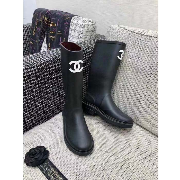 Chanel Women CC High Boots Caoutchouc Leather Black