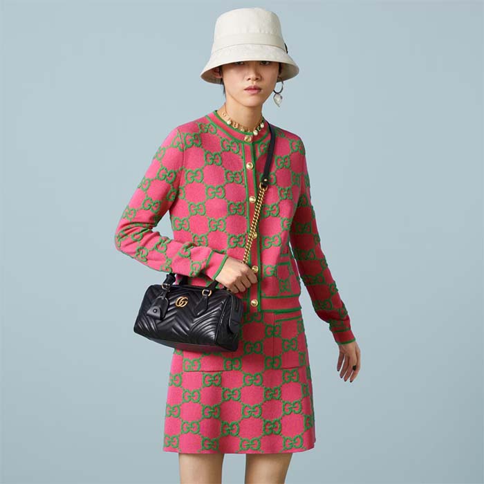 Gucci Women GG Marmont Small Top Handle Bag Black Matelassé Chevron Leather