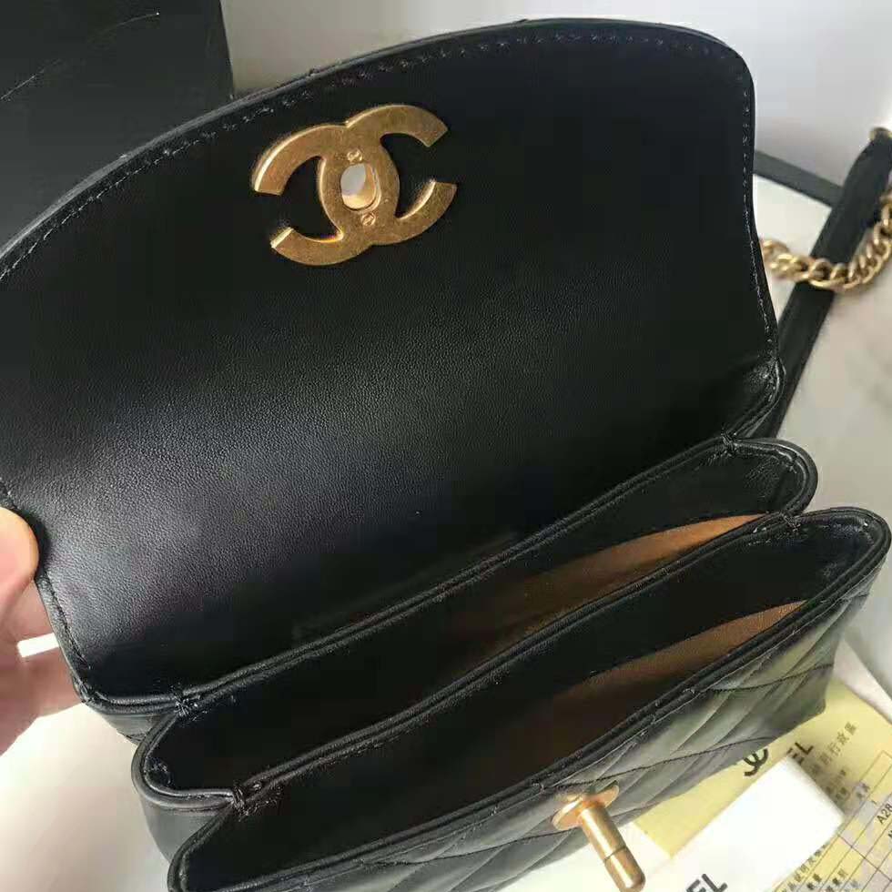 Chanel Women Flap Bag with Top Handle in Lambskin Leather-Black