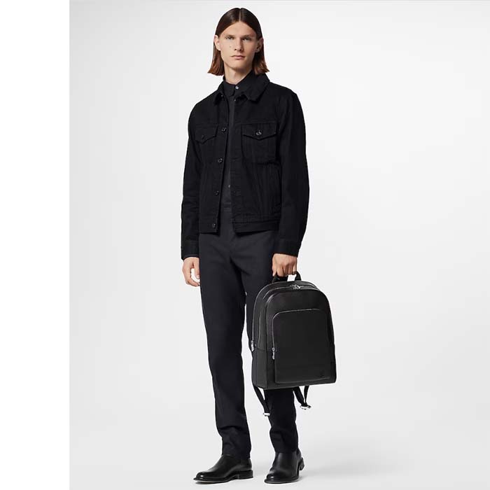 Louis Vuitton LV Unisex Adrian Backpack Black Taiga Cowhide Leather Textile Lining