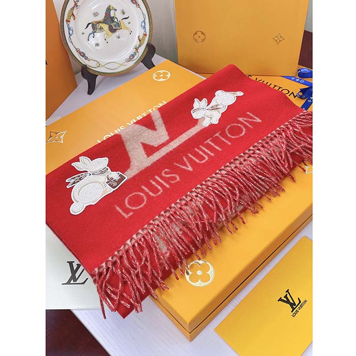 Louis Vuitton LV Unisex Precious Rabbit Reykjavik Scarf Red Cashmere Monogram Flowers