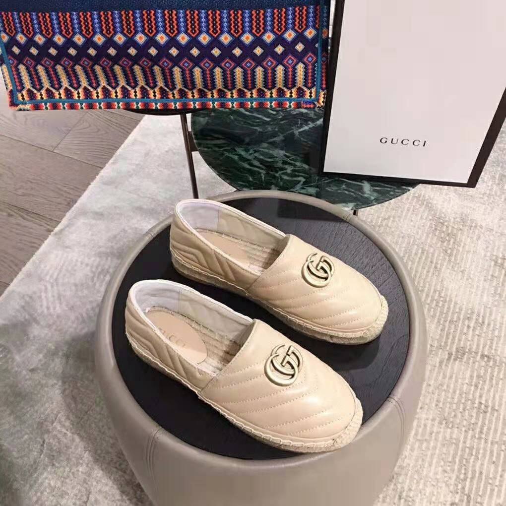 Gucci Women Leather Espadrille with Double G in Matelassé Chevron Leather-Sandy