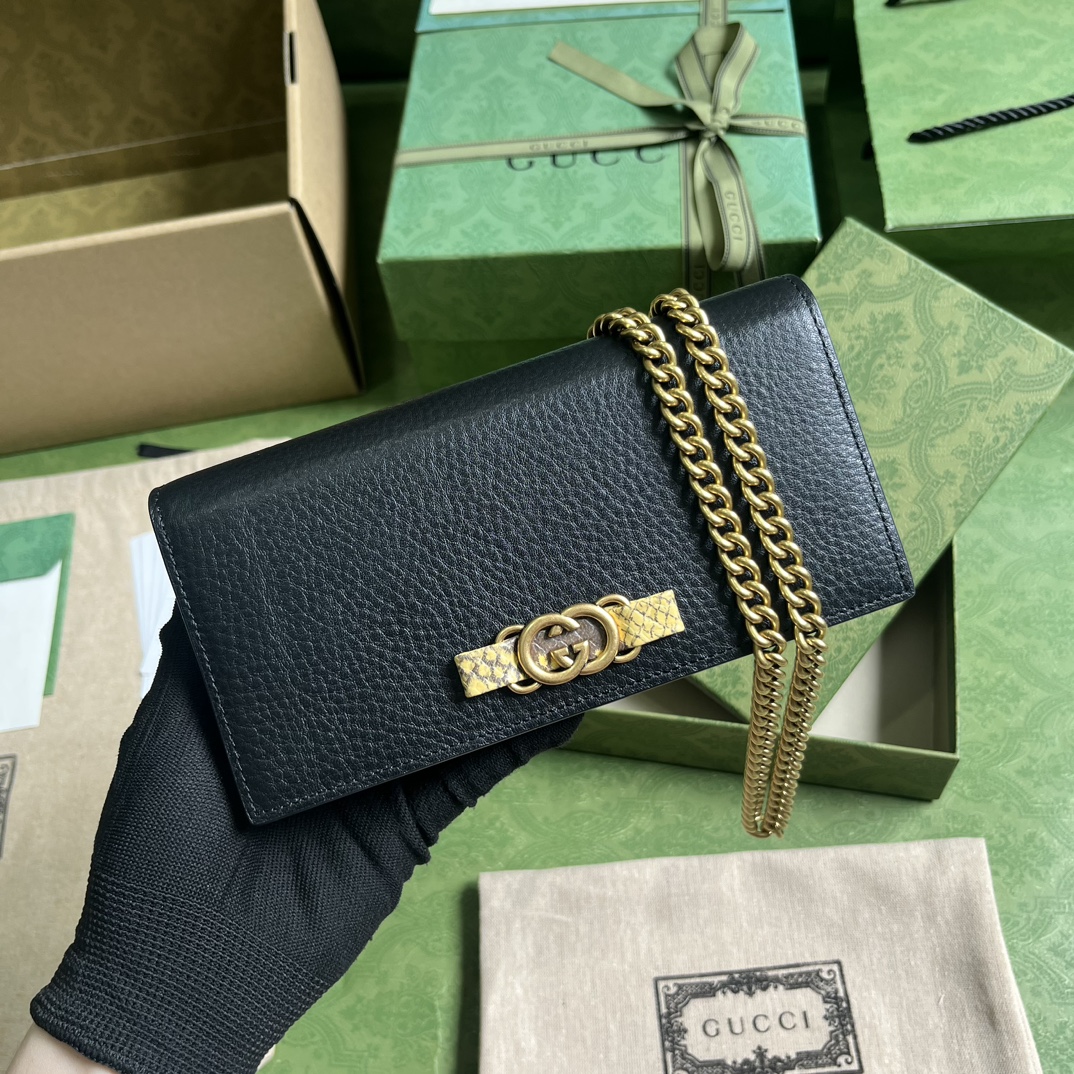 Gucci Women GG Chain Wallet Interlocking G Python Bow Black Leather