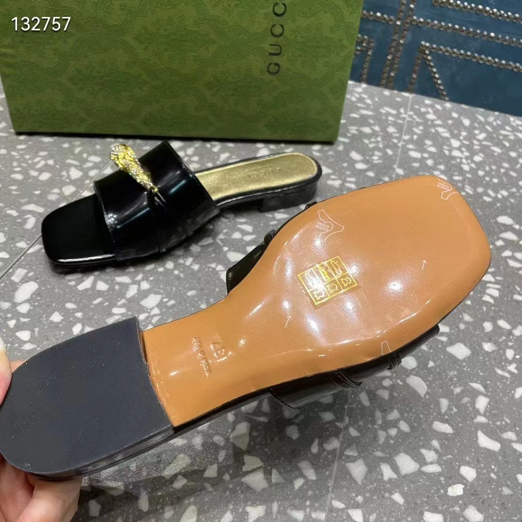 Gucci Women GG Slide Sandal Tiger Head Black Patent Leather Flat