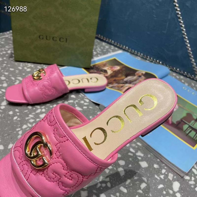 Gucci Women Matelassé Slide Sandal Pink GG Matelassé Leather Square Toe Flat
