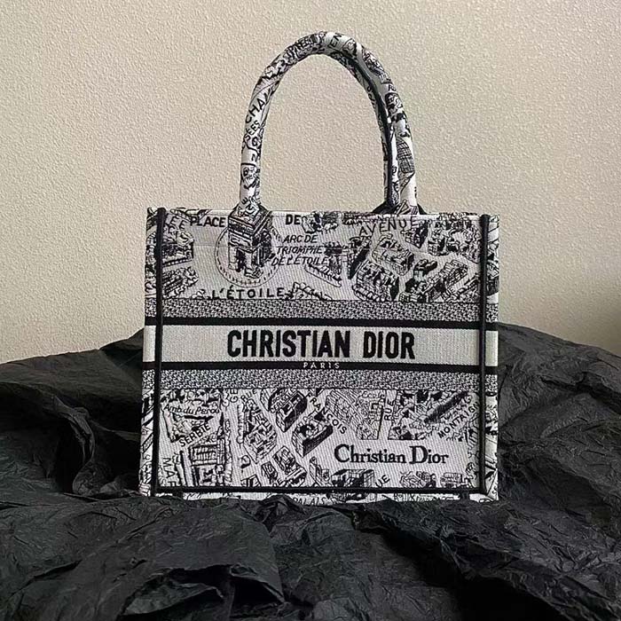 Dior Unisex CD Medium Book Tote White Black Plan De Paris Embroidery