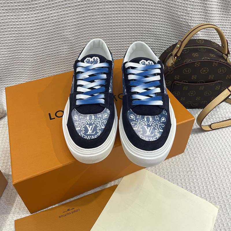 Louis Vuitton Unisex LV Ollie Sneaker Blue Canvas Rubber Outsole Monogram Flowers