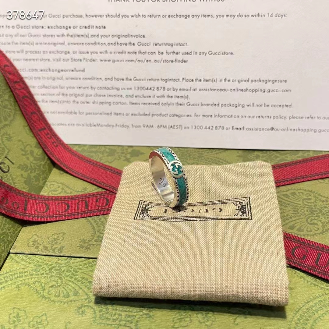 Gucci Unisex GG Ring Interlocking G 925 Sterling Silver Turquoise Enamel Textured Trim