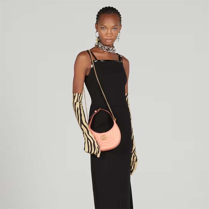 Gucci Women GG Marmont Matelassé Mini Bag Peach Matelassé Round Vertical Leather