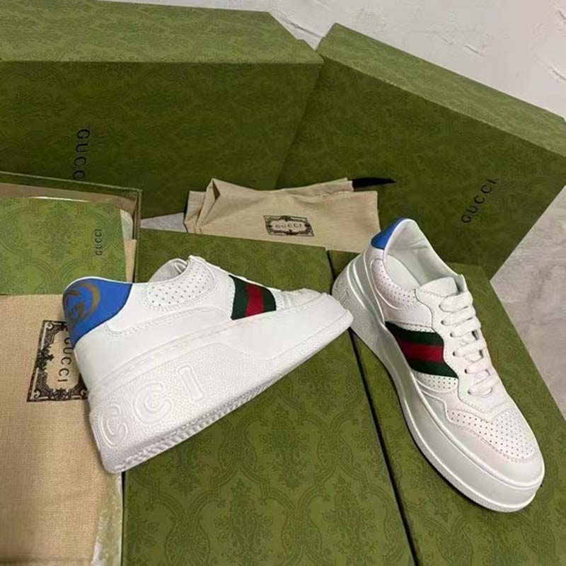 Gucci Unisex Sneaker Web White Leather Green Red Web Lace Up Flat