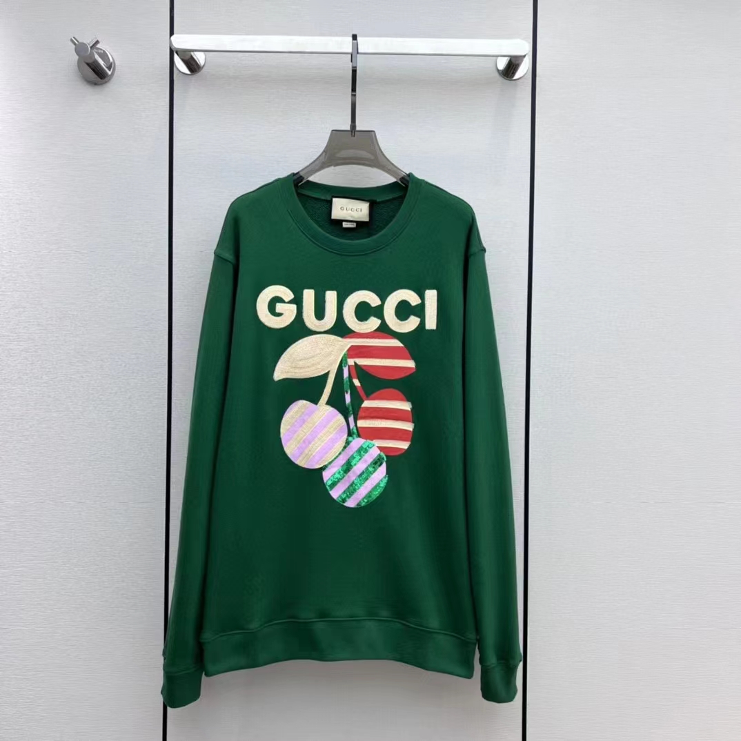 Gucci Women GG Cotton Jersey Sweatshirt Green Light Felted Crewneck Long Sleeves