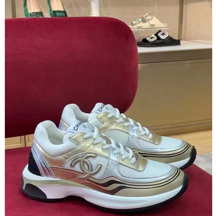 Chanel Women CC Sneakers Fabric Laminated White Gold Silver 1 Cm Heel