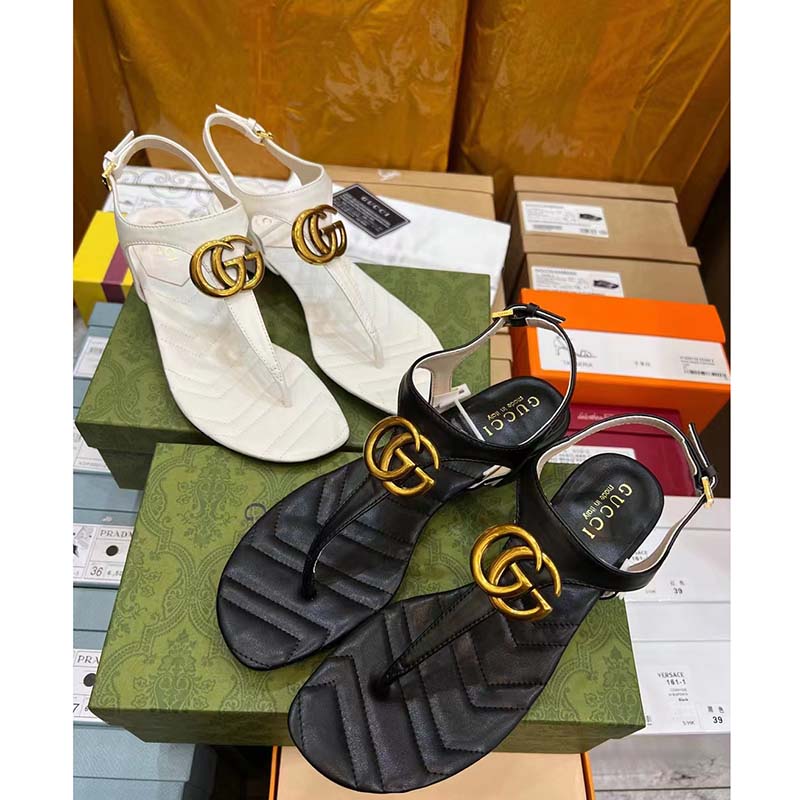 Gucci Women GG Double G Sandal Black Leather Sole Double G 5 Cm Heel