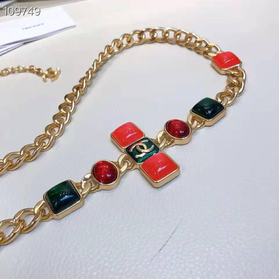 Chanel Women Metal & Resin Gold Green Burgundy & Pink Belt