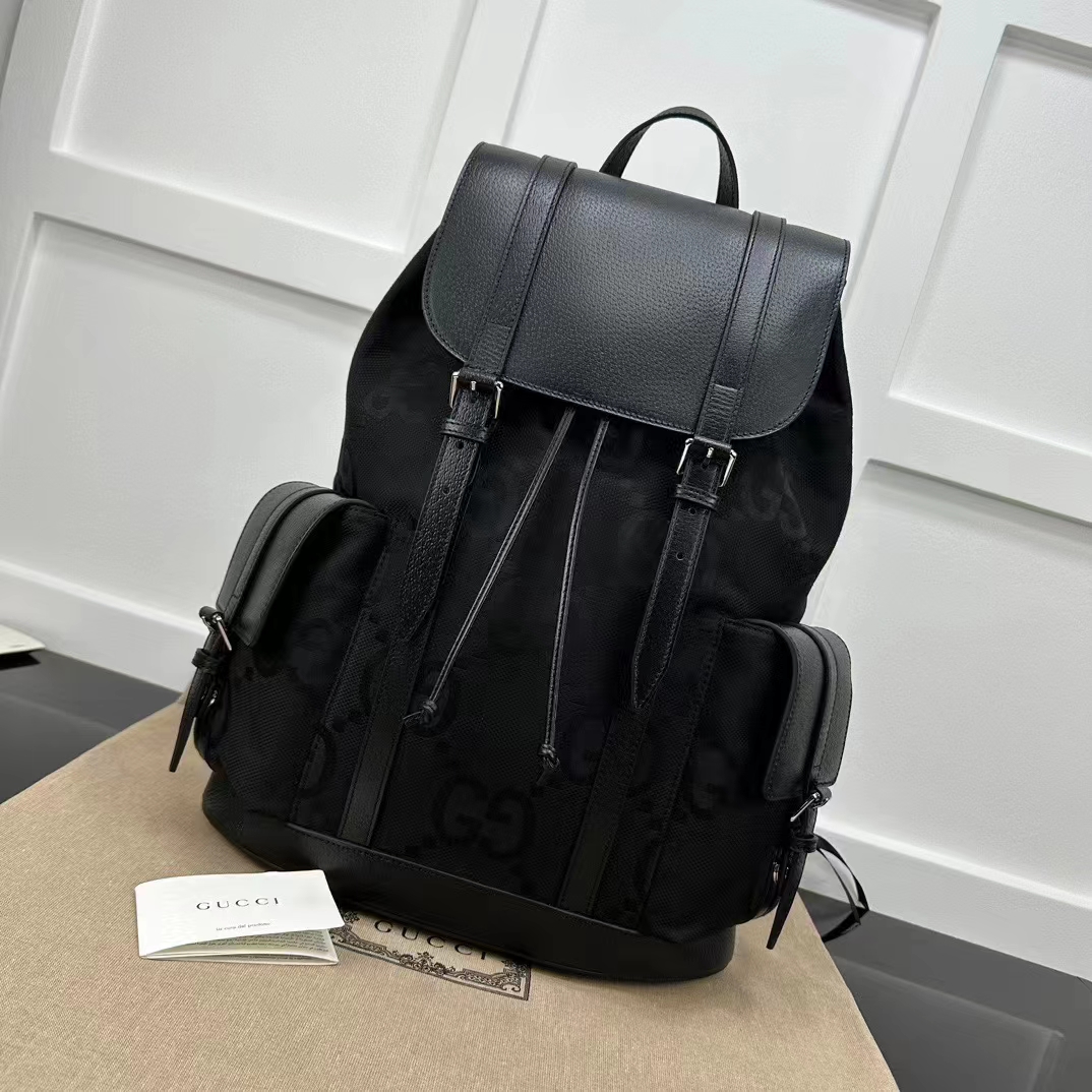Gucci Unisex Jumbo GG Backpack Black Canvas Leather Cotton Linen
