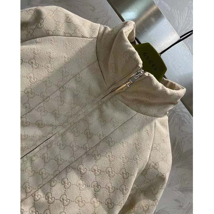 Gucci Women GG Canvas Bomber Jacket Cream Self-Covered Buttons Interlocking G Lined High Neck