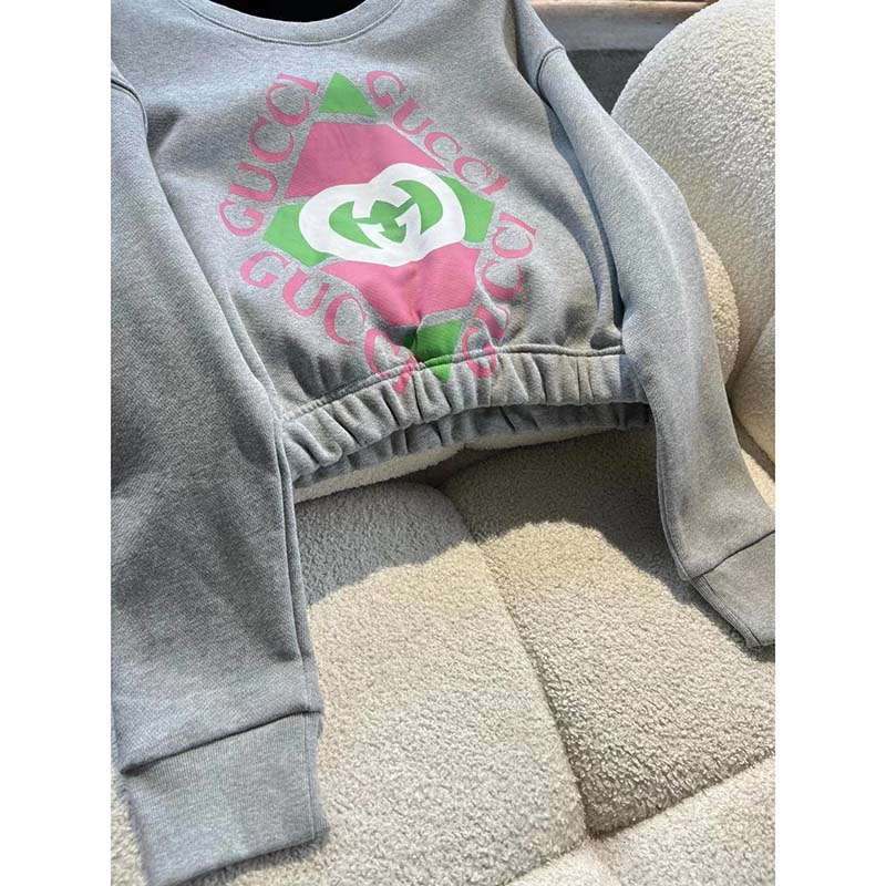 Gucci GG Women Cotton Jersey Sweatshirt Grey Heavy Felted Cotton Crewneck Long Sleeves