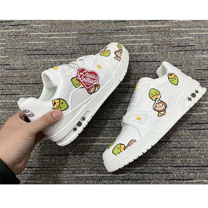 Louis Vuitton Unisex LV Trainer Sneaker White Printed Calf Leather Rubber Monogram Flowers