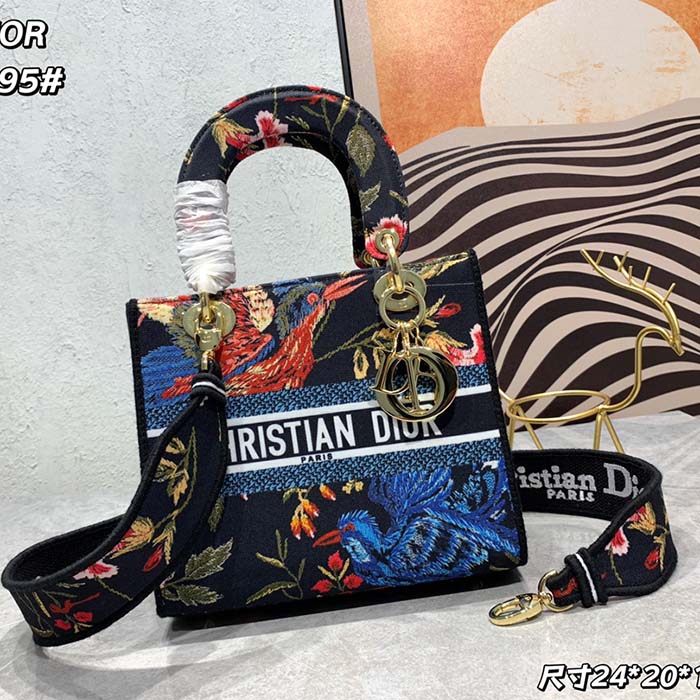 Dior Women CD Medium Lady D-Lite Bag Black Multicolor Dior Birds Embroidery